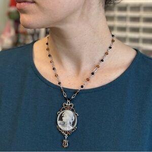 Hand Crafted Cameo Necklace with Brown and Black Crystals
